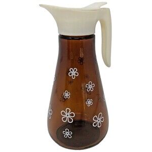 Thatcher Amber Glass Syrup Dispenser Daisy Flower Pattern Pitcher VTG 60's MCM